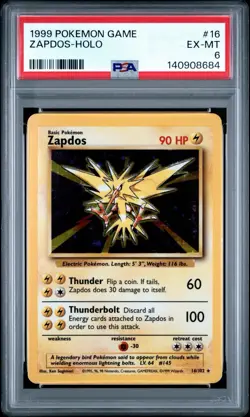 1999 Pokemon Zapdos 016/102 Base Set Holo PSA 6 - Image 1