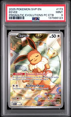 2025 POKEMON PRISMATIC EVOLUTIONS POKEMON CENTER ETB PROMO SVP #173 EEVEE PSA 9 - Image 1