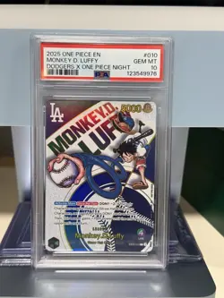 2025 ONE PIECE PROMOS DODGERS X ONE PIECE NIGHT #010 MONKEY D. LUFFY PSA 10 - Image 1