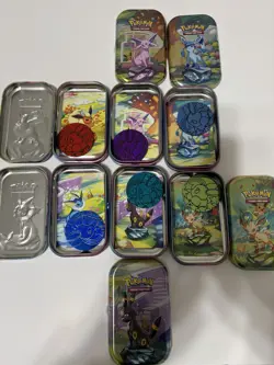 Pokemon Lot of 6 EMPTY Mini Tins With Art Cards And Coins - Image 2