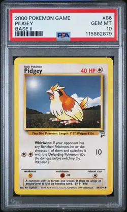 Pokemon TCG PSA 10 Pidgey 086/130 Base Set 2 - Image 1