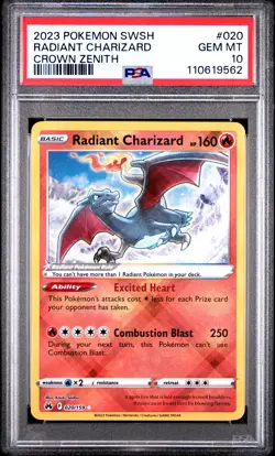 2023 POKEMON SWORD & SHIELD CROWN ZENITH #020 RADIANT CHARIZARD PSA 10 - Image 1