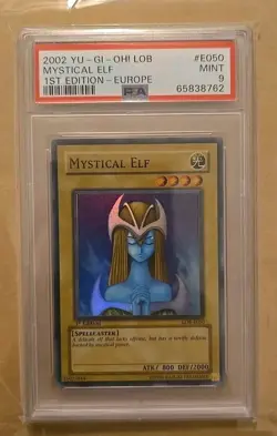 YuGiOh Mystical Elf 1st Edition LOB-E050 PSA 9 MINT Blue Eyes White Dragon 2002 - Image 1