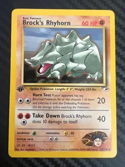Pokemon TCG Brock's Rhyhorn Gym Heroes 22/132 Regular Rare 1st Edition VLP - Image 1