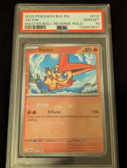 Pokemon Black Bolt Victini Reverse Holo Master Ball Rare #012/086 (PSA 10) - Image 1