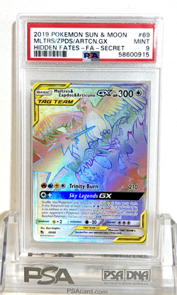 2019 POKEMON HIDDEN FATES SECRET FULL ART #69 MOLTRES ZAPDOS & ARTICUNO GX PSA 9 - Image 1