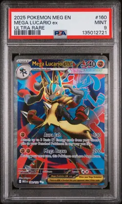 2025 Pokemon Mega Evolution Mega Lucario EX #160/132 ULTRA Rare PSA 9 EN - Image 1