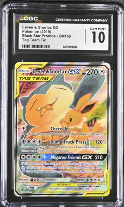 CGC 10 GEM MINT Eevee & Snorlax GX 2019 Black Star Promos SM169 Pokemon Card - Image 1