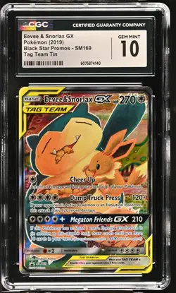 CGC 10 GEM MINT Eevee & Snorlax GX Black Star Promos SM169 Tag Team Pokemon Card - Image 1