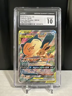 CGC 10 GEM MINT Eevee & Snorlax GX Black Star Promos SM169 Tag Team Pokemon Card - Image 1