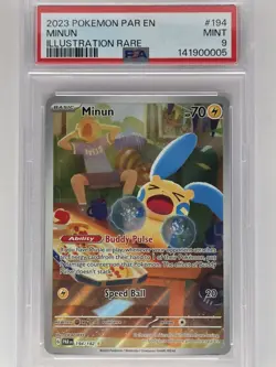 Pokemon TCG Minun 194/182 Paradox Rift Illustration Rare PSA 9 - Image 1