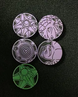 2025 Pokemon TCG Glow in the Dark Coins Deoxys Rayquaza Green Purple Lot*5 LU57 - Image 1