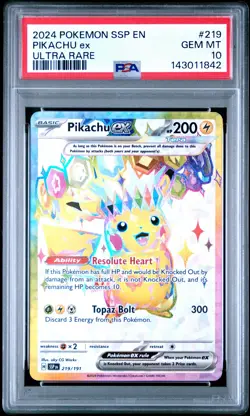 2024 POKEMON SSP EN-SURGING SPARKS ULTRA RARE #219 PIKACHU EX PSA 10 - Image 1