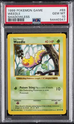 1999 POKEMON GAME SHADOWLESS #69 WEEDLE PSA 10 - Image 1
