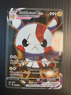 Pokemon TCG Kratos Poncho Pikachu VCOS Cosplay Custom Full Art Shiny Holo Card - Image 1