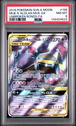 2019 POKEMON SUN & MOON UNBROKEN BONDS #196 FULL ART/MUK & ALOLAN MUK GX PSA 8 - Image 1
