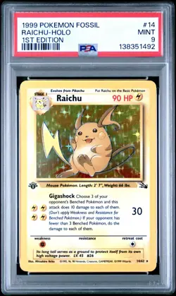 Raichu 1999 POKEMON FOSSIL RAICHU - HOLO 1ST EDITION Mint 9 PSA 14/62 - Image 1