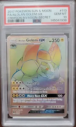 PSA 10 Alolan Golem GX 2017 Pokemon Sun Moon 113/111 Hyper Rare Gem Mint - Image 1