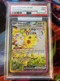 PSA 9 Mint Pikachu EX SIR Pokemon 238/191 Sv08: Surging Sparks - Image 1