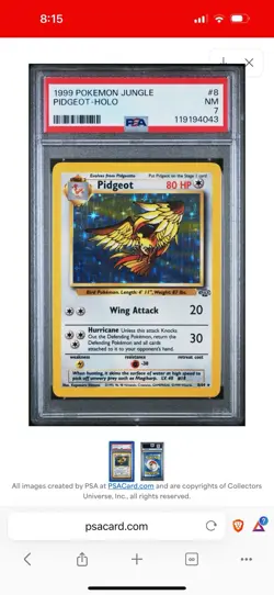 1999 Pokemon Jungle Pidgeot #8/64 Holo Pokemon Near Mint PSA 7, Free Shipping - Image 1