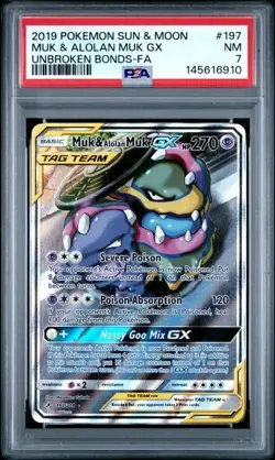 PSA NM 7: 2019 Pokemon Sun & Moon Unbroken Bonds #197 FA/Muk & Alolan Muk GX - Image 1