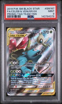 2019 POKEMON SM BLACK STAR PROMO #SM167 FULL ART/CELEBI & VENUSAUR GX PSA 9 - Image 1