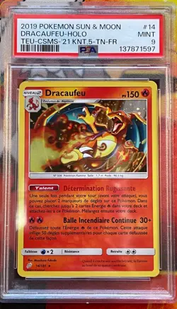 2019 Pokemon Team Up 14 Dracaufeu Cosmos Holo Kanto 5-Tin French Exclusive PSA 9 - Image 1