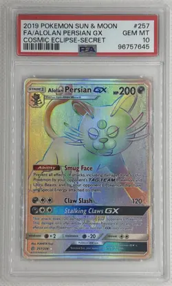 2019 Pokemon Sun & Moon Alolan Persian GX #257 Cosmic Eclipse Secret PSA 10 - Image 1