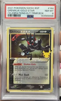 Pokemon Greninja Gold Star Celebrations ETB Black Star Holo Promo SWSH144 PSA 8 - Image 1