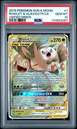 2019 POKEMON SUN & MOON UNIFIED MINDS #1 ROWLET & ALOLAN EXEGGUTOR GX PSA 10 - Image 1