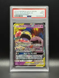 PSA 9 MINT Muk & Alolan Muk GX 61 Unbroken Bonds Pokemon Card - Image 1
