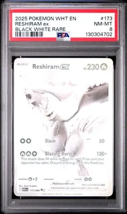 2025 POKEMON WHT EN-WHITE FLARE BLACK WHITE RARE #173 RESHIRAM EX PSA 8 - Image 1