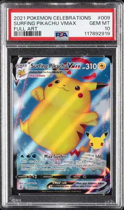 2021 POKEMON CELEBRATIONS #009 FULL ART/SURFING PIKACHU VMAX PSA 10 - Image 1