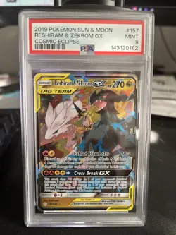 2019 Pokemon Sun & Moon Cosmic Eclipse Reshiram & Zekrom GX 157/236 PSA 9 Mint - Image 1