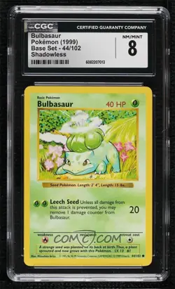 1999 Pokemon Bulbasaur 44/102 Base Set Shadowless CGC 8 - Image 1