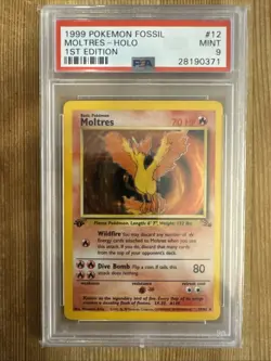 Moltres 12/62 Fossil Set Holo Unlimited Pokemon Vintage WotC 1st Edition PSA 9 - Image 1