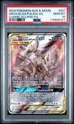 2019 Pokemon S&M Cosmic Eclipse Arceus Dialga Palkia GX 221/236 Full Art PSA 10 - Image 1