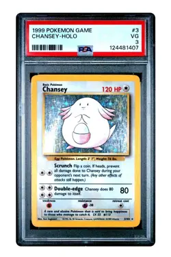 💎1999 VINTAGE POKEMON BASE SET UNLIMITED #3 CHANSEY-HOLO PSA 3 VERY GOOD! - Image 1
