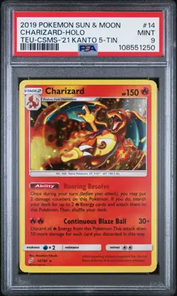2019 Pokemon SM Charizard Holo #14 PSA 9 Mint – Team Up Kanto Tin SWIRL Flame - Image 1