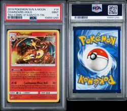 2019 Pokemon SM Charizard Holo #14 PSA 9 Mint – Team Up Kanto Tin SWIRL Flame - Image 3