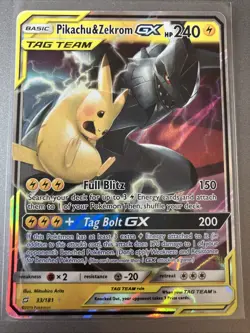 Pokemon Pikachu & Zekrom GX TCG Sun & Moon Team Up Holo Ultra Rare 33/181 - Image 1