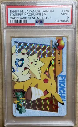 1998 POKEMON JPN BANDAI CARDDASS VENDING SER 4 #126 TOGEPI & PIKACHU-PRISM PSA 9 - Image 1