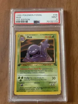First Edition 1999 Pokemon Fossil 28/62 Muk PSA Mint 9 - Image 1