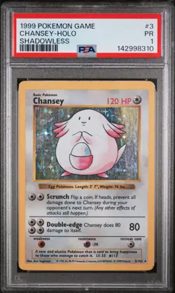 1999 POKEMON BASE SET SHADOWLESS #3 CHANSEY-HOLO PSA 1 - Image 1