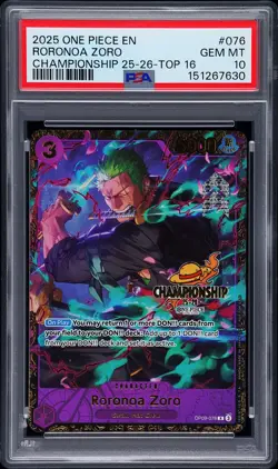 2025 ONE PIECE PROMOS CHAMP 25-26-TOP 16 #076 RORONOA ZORO PSA 10 - Image 1
