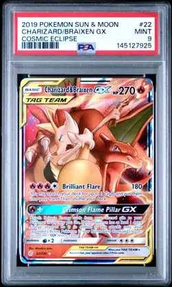 2019 POKEMON SUN & MOON COSMIC ECLIPSE #22 CHARIZARD & BRAIXEN GX PSA 9 - Image 1
