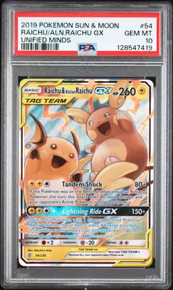 2019 POKEMON SUN & MOON UNIFIED MINDS #54 RAICHU & ALOLAN RAICHU GX PSA 10 - Image 1