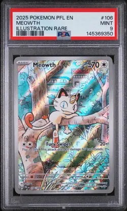 2025 Pokemon Pfl En-Phantasmal Flames #106 Meowth Illustration Rare PSA 9 - Image 1