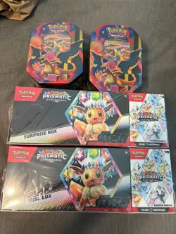 2x Pokemon Prismatic Evolutions Surprise Box/Booster Sam's Club Bundle w/ 2 Tins - Image 1