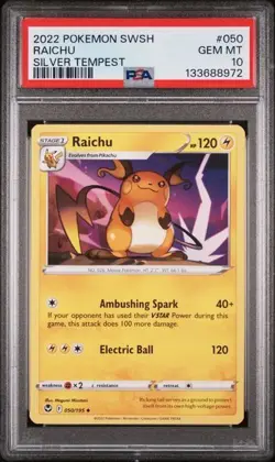 Pokemon Raichu Silver Tempest #050 Graded Card PSA 10 - Image 1